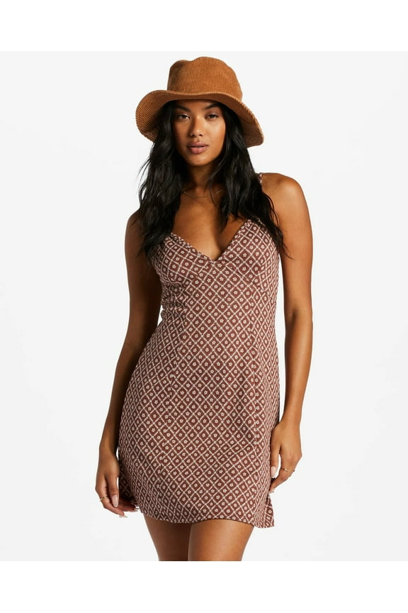 Women's Diamond Flowers V-Neck Mini Dress (Medium, Mocha)