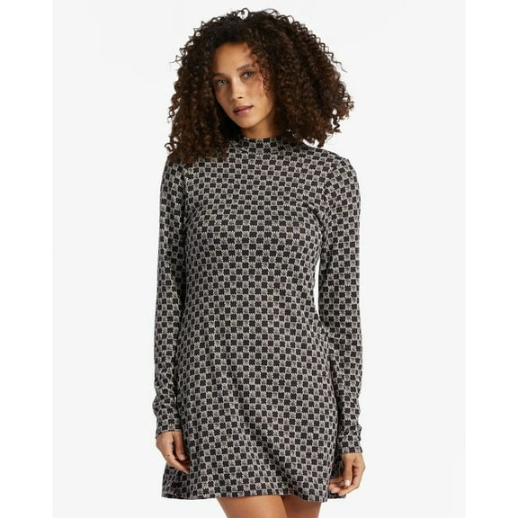 Billabong Women's Everleigh Mock Neck Long Sleeve Fit and Flare Knit Short Dress (X-Small, Black Pebble)