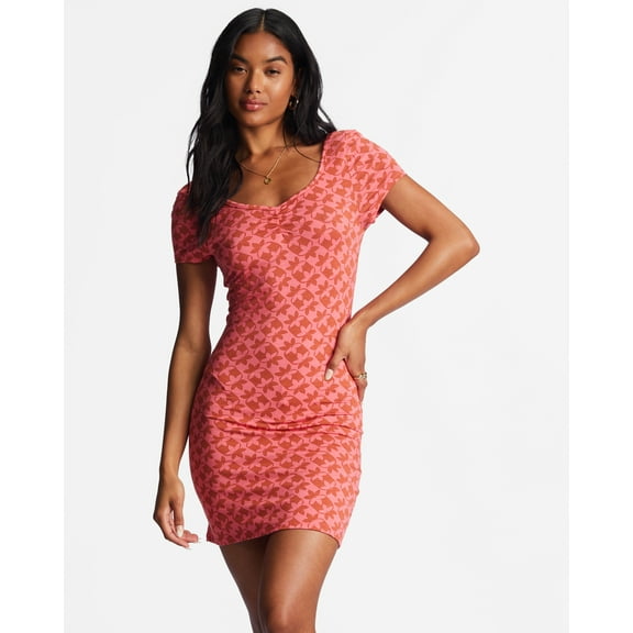 Billabong Women's In The Sun Stretchy Jersey Fabric Bodycon Mini Dress (Small, Coral Crush)