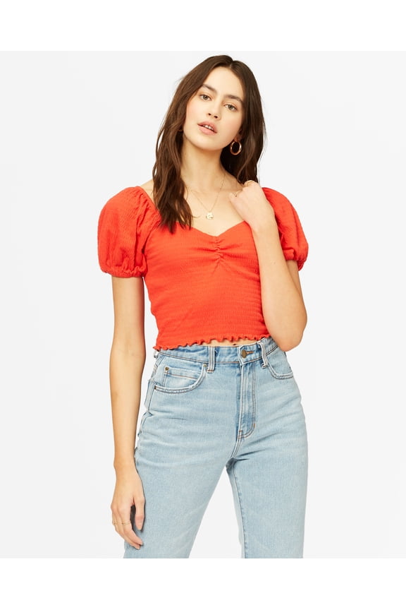 Women's Its Love Puff Sleeves Knit Top Shirt (X-Small, Red)