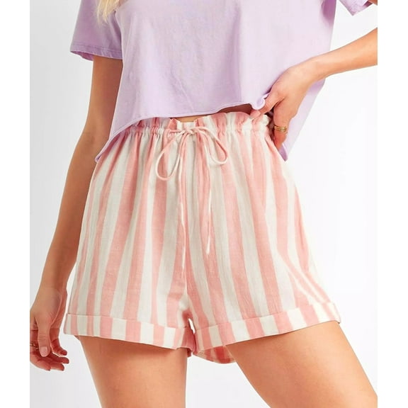 Billabong Women's Mon Amor Striped Cuffed Hem Shorts (Small, Pink/White)