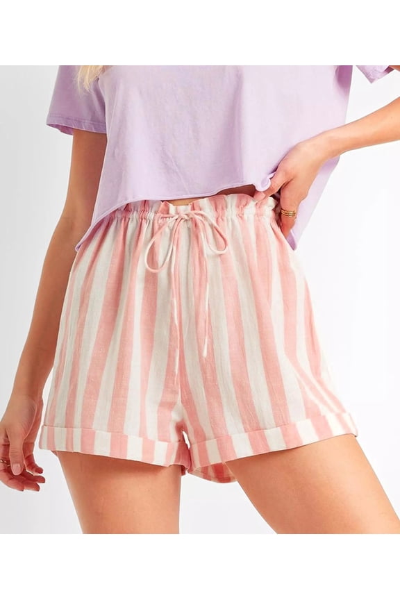 Women's Mon Amor Striped Cuffed Hem Shorts (Small, Pink/White)