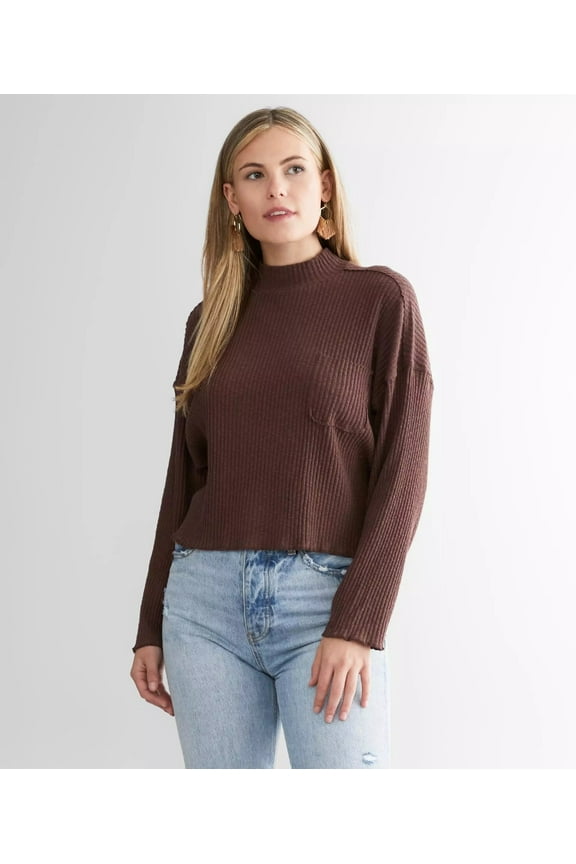 Women's The Saturday Rib Knit Relaxed Boxy Fit Cropped Mock Top Shirt (Small, Brown)