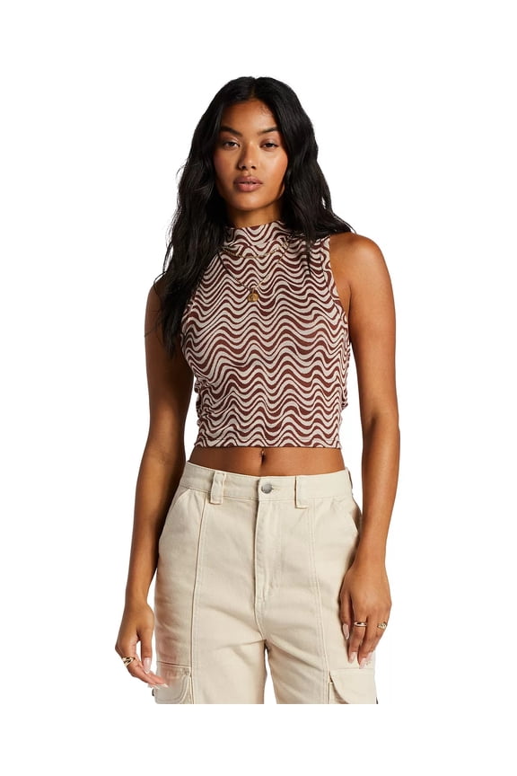 Women's Wavey Babe Knitted Mock Neck Sleeveless Tank Top in Mocha (X-Small, Mocha)