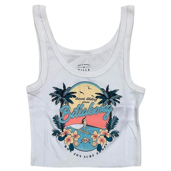 Billabong Women's X Ron Jon Surf Shop Sun Dreamer Cropped Tank Top Tee T-Shirt (Small, Off White)