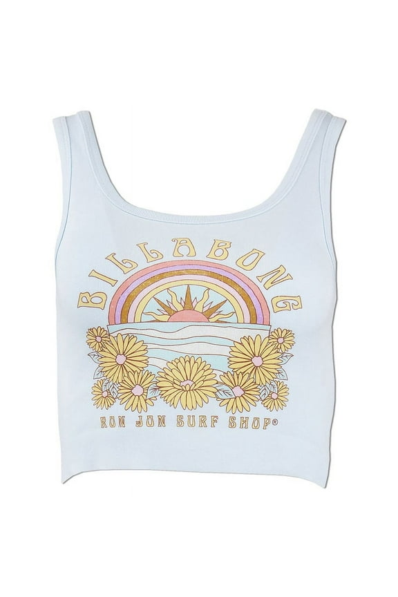 Women's X Ron Jon Surf Shop Sunlight Dreaming Cropped Tank Top Tee T-Shirt (Medium, Baby Blue)