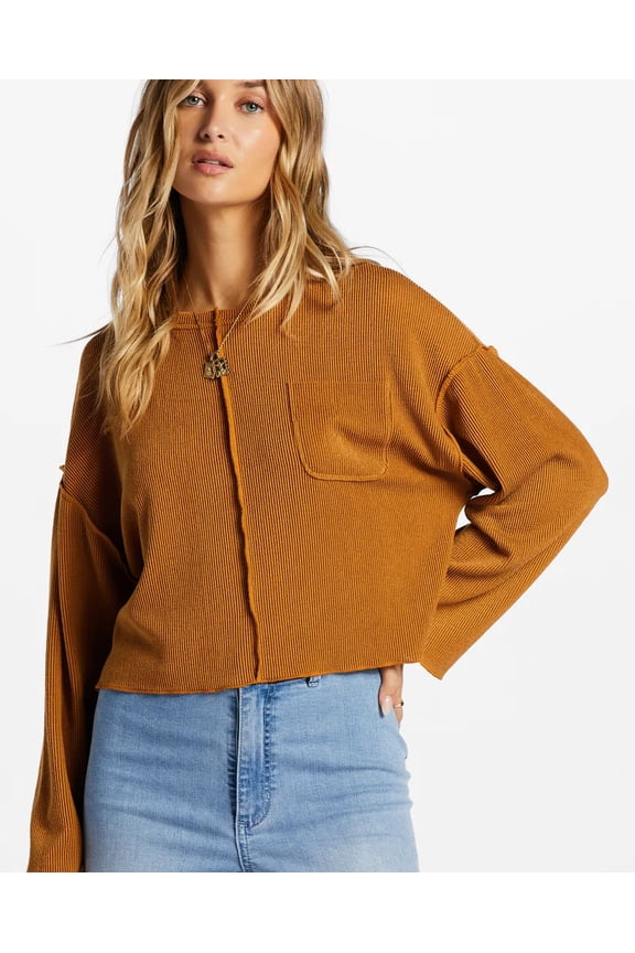 Women's You Seam Happy Boxy Relaxed Fit Rib Knit Long Sleeve Top Shirt (X-Small, Cider (Brown))
