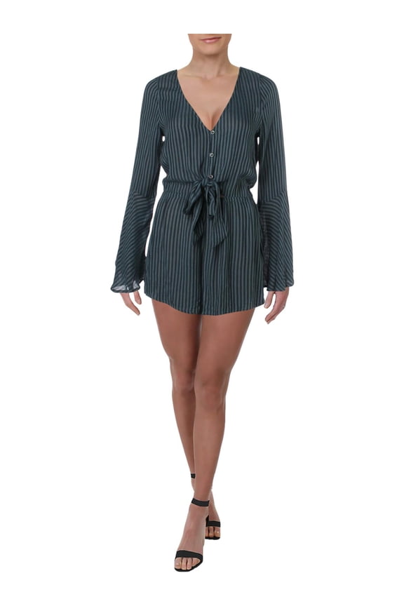 Womens Juniors Sittin Pretty Striped Bell Sleeves Romper Navy L