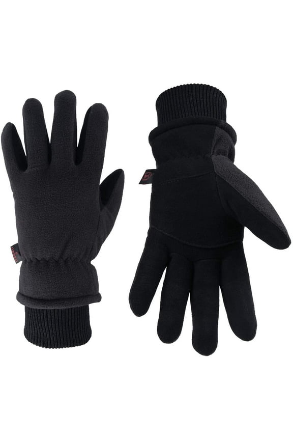 Unisex Cold Proof Deerskin Suede Leather Winter Gloves, Denim Black, Large