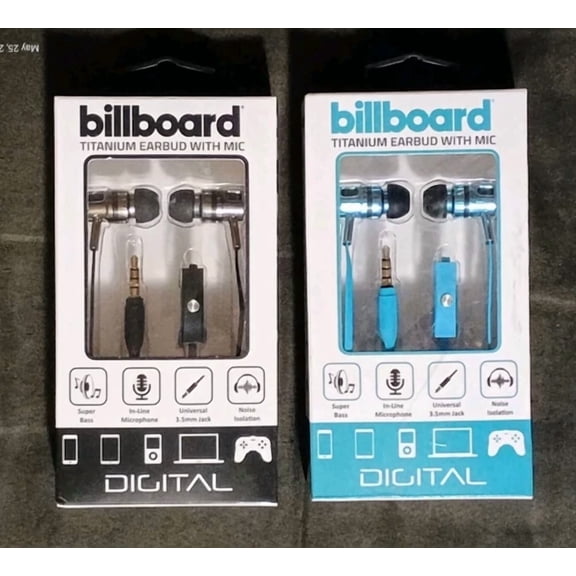 Billboard Titanium Earbuds With In-Line Mic 3.5Mm 2 Sets 1 Black + 1 Teal In-Ear