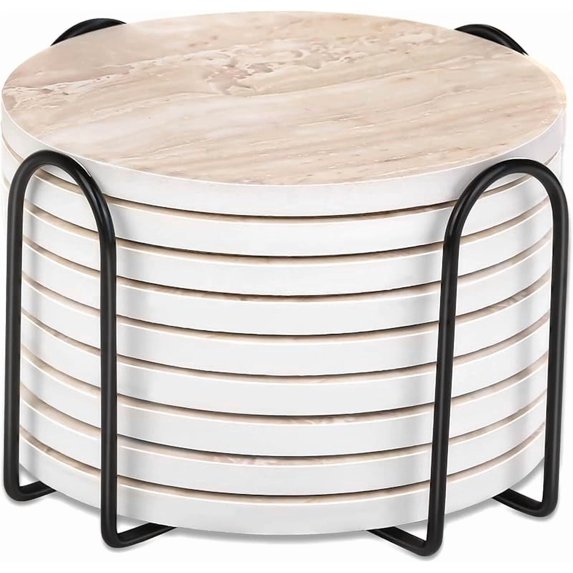 Billbotk 9 Pieces Ceramic Coasters for Drinks with Holder, Absorbent Drink Coasters for Coffee Table, Marble Style Coasters Wooden Table, Suitable for Kinds of Cups, 4 Inches