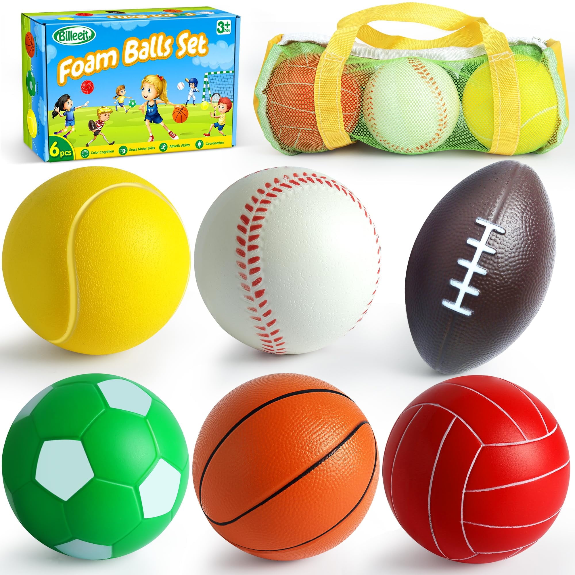 Billeeit Soft Foam Ball Toys for Toddlers 1-3, Safe \u0026 Educational Baby Ball Set for Kids, Includes Soccer, Tennis, Basketball, Football, Baseball, Volleyball, Set of 6