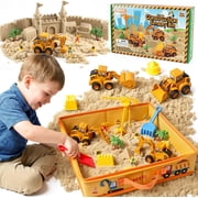 Billeeit Sand Construction Kit with 2.2lbs Play Sand for Kids Ages 3+, 15x15 in Large Sandbox, 4 Press to Go Trucks & DIY Stickers, Castle Molds, 32PCS Total Accessories, Creative Sand Play Set