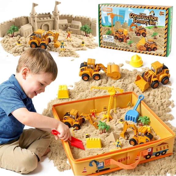 Billeeit Sand Construction Kit with 2.2lbs Play Sand for Kids Ages 3+, 15x15 in Large Sandbox, 4 Press to Go Trucks & DIY Stickers, Castle Molds, 32PCS Total Accessories, Creative Sand Play Set