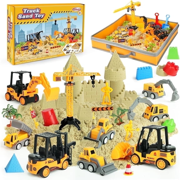 Billeeit Sand Construction Kit with 2.2lbs Play Sand for Kids Ages 3+, Large Foldable Sandbox, Construction Trucks, Castle Molds, and 36PCS Total Accessories, Creative Sand Play Set for Kids Ages 3+