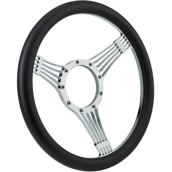 Billet Steering Wheel, Banjo Steering Wheel Style, Chrome Plated Racing Steering Wheel, Includes Black Leather Half Wrap