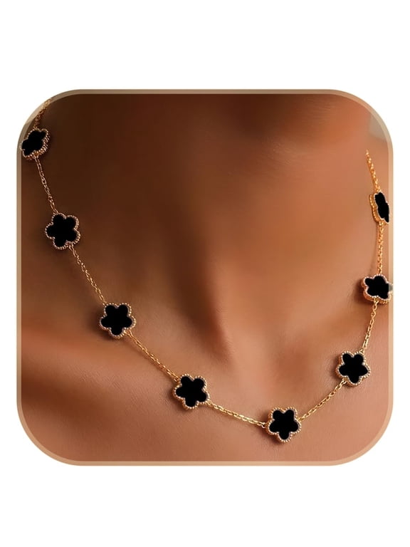 Billet-doux 18k Gold Plated 10-Motif Clovers Necklace for Women, Perfect Valentine's Day Gifts for Her, Exquisite 5-leaf Flower Motif Clovers with Classic Beaded Edge on a Link Chain, Jewelry Gift