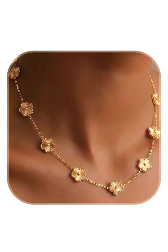 Billet-doux 18k Gold Plated 10-Motif Clovers Necklace for Women, Perfect Valentine's Day Gifts for Her, Exquisite 5-leaf Flower Motif Clovers with Classic Beaded Edge on a Link Chain, Jewelry Gift