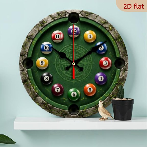 Billiard Ball Themed Silent Wall Clock, 10 Inch Flat Wooden Decor for Home, Office, Bedroom and Bathroom Use