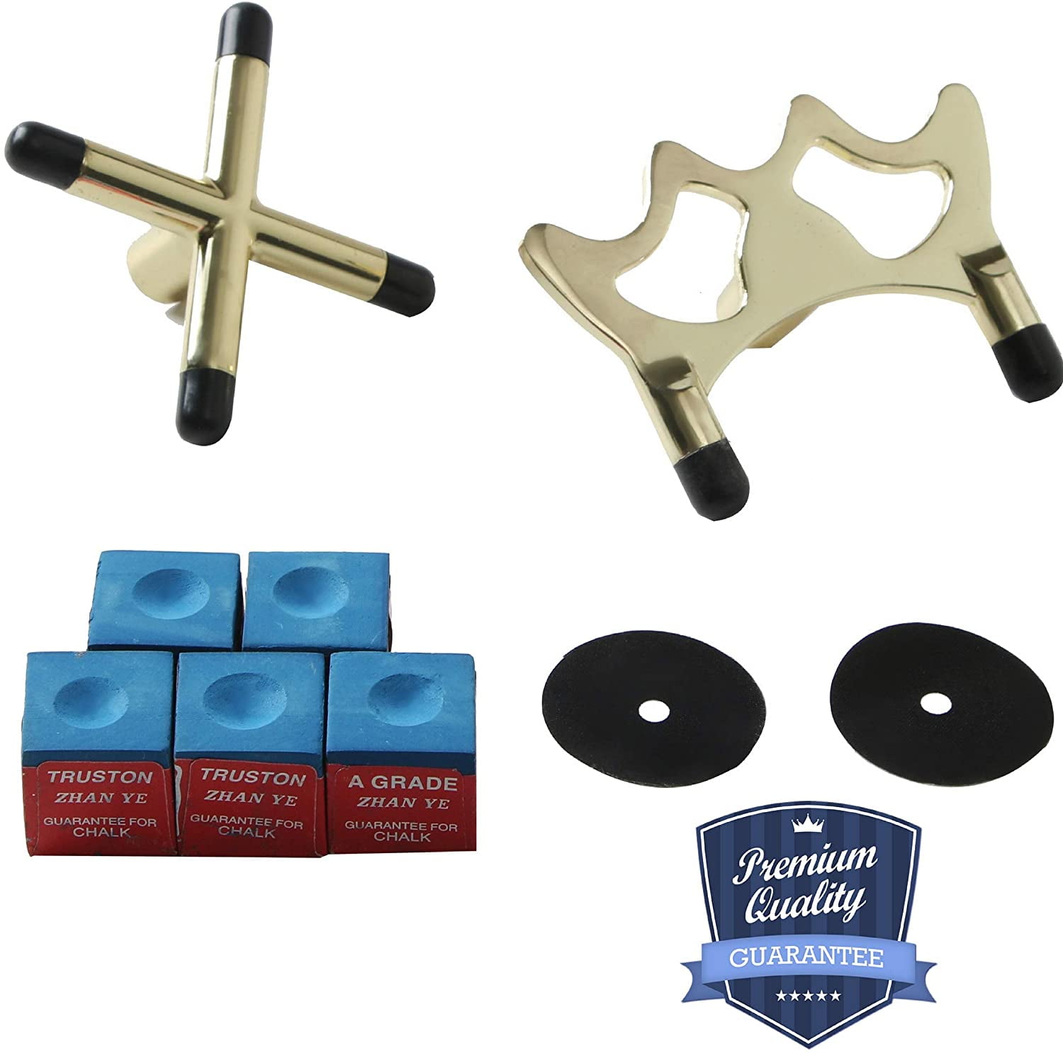 Billiard Cue Bridge Spider Head and Cue Cross X Rest, 5 Cue Chalk Cubes