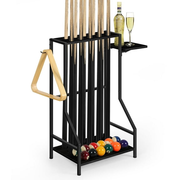 Billiard Cue Rack, Pool Stick Holder with Ball Storage and Drink Shelf, Metal Pool Cue Stand for Game Room, Bar