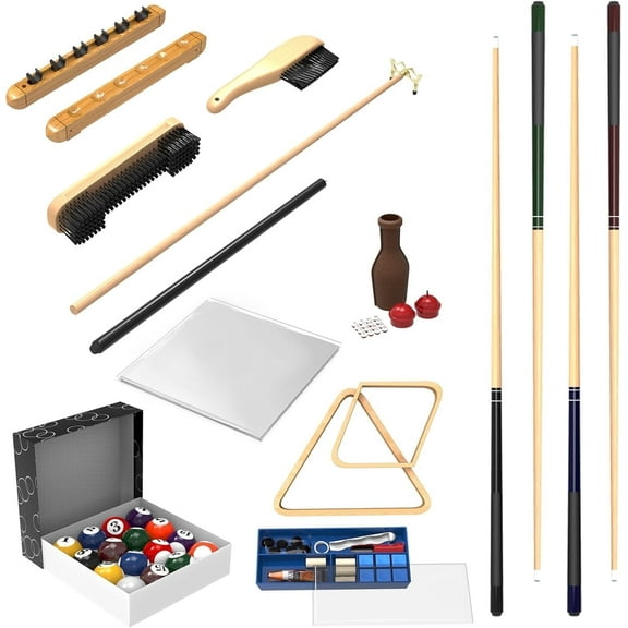 GSE Games & Sports Expert Billiard Pool Table Accessory Kit - Billiard Balls, Cues and Bridge, Stick Repair, Cue Rack, Table Brush, Table Cover, Tally Bottle