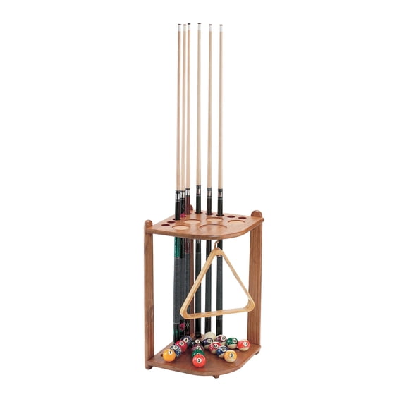 Billiards Accessories Organizer - Hardwood Cue Rack for 10 Cues, Balls, Rack, Chalk, and Drinks - Ergonomic Design, Oak Finish