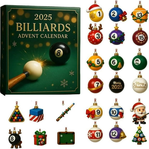 Billiards Advent Calendar Christmas Ornament – Pool-Themed Acrylic Countdown Pendant for Tree Decoration – Unique Holiday Gift for Pool Lovers