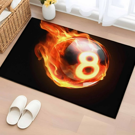 Billiards Bathroom Rug Washable 2x3 Entryway Rug Non Slip Modern Buruning Flame Sport Black Background Front Door Mat Low Pile Indoor Doormat Throw Floor Carpet for Kitchen Bedroom Entrance