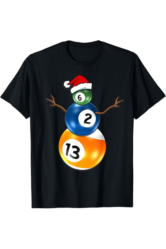 Billiards Christmas Snowman T-Shirt with Pool Table Balls T-Shirt