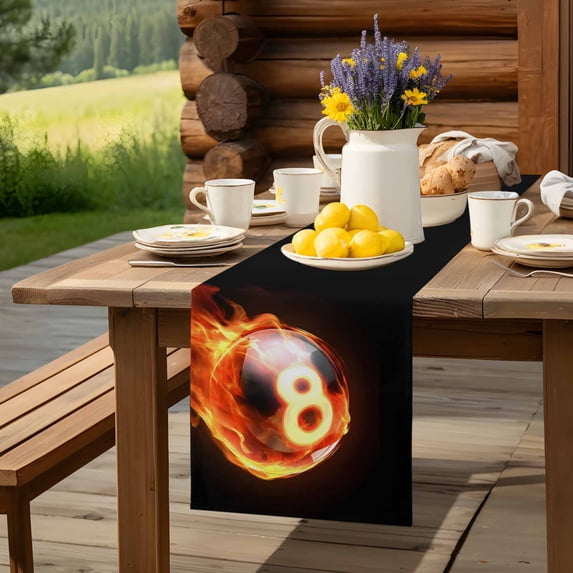 Billiards Flame Black Eight Table Runner 13x48in Non-Slip Cotton Linen Table Runners, Abstract Sport Ball Dresser Scarves TableRunner for Dinner Kitchen Dining Wedding Party