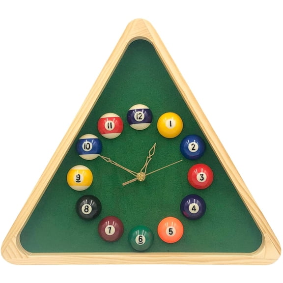 Billiards Pool Ball Clock - 14Inch Triangle Pool Table Cool Wall Clock with Solid Wood Frame,Great for Billiards Room,Pool Room,Game Room,Bar