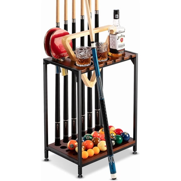 Pool Cue Rack Floor Stand, Metal & Wood, 12 Cues & Ping Pong, Brown