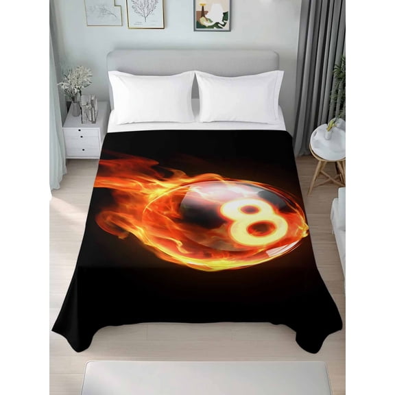 Billiards Queen Size Flat Sheet, Wrinkleproof & Fadeproof Cooling Flat Bed Sheet Only, Modern Buruning Flame Sport Black Background Breathable Soft Bedding Top Sheets 90 x 102 Inches