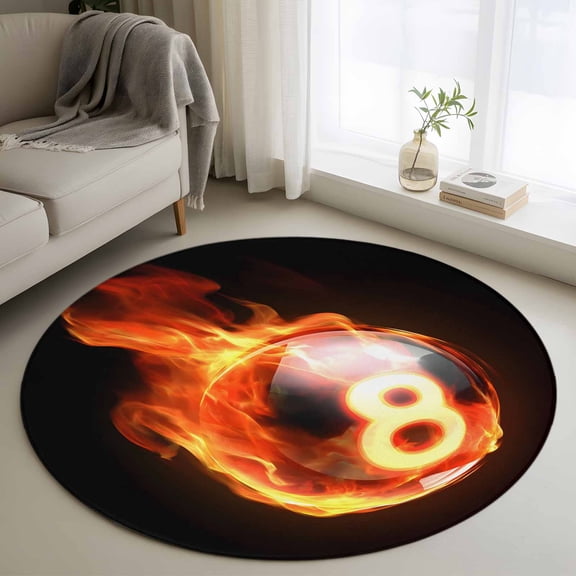 Billiards Round Area Rug 3.3 FT, Non Slip Small Entryway Kitchen Mat, Modern Buruning Flame Sport Black Background Washable Soft Circular Rug Non-Shedding Door Mat for Bathroom Playroom Kids Room