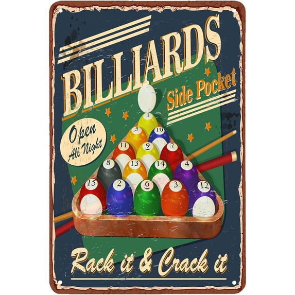 Billiards Tin Sign, Vintage Billiards Poster Side Pocket Tin Signs for Home Bar Coffee 12" X 8"in