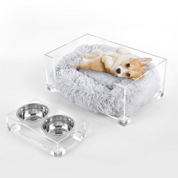 Billie 24" x 15.75" Small Modern Lucite Calming Fluffy Pet Bed with Washable Cushion and 4" Elevated Pet Feeder with 27 oz 2-Stainless Steel Bowls, Light Gray/Clear (Set of 2)