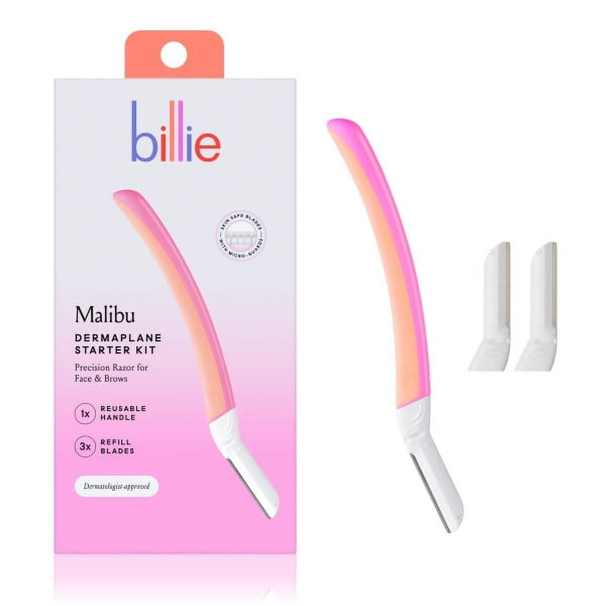 Billie Dermaplane Starter Kit, Reusable Handle With 3 Refill Blades, Womens Manual Razor, Malibu