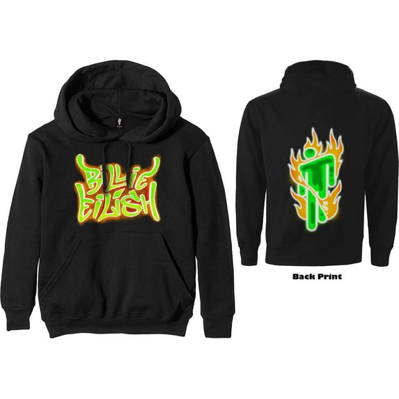 Billie Eilish Unisex Pullover Hoodie Sweatshirt Airbrush Flames Blohsh (Back Print) (XX-Large)