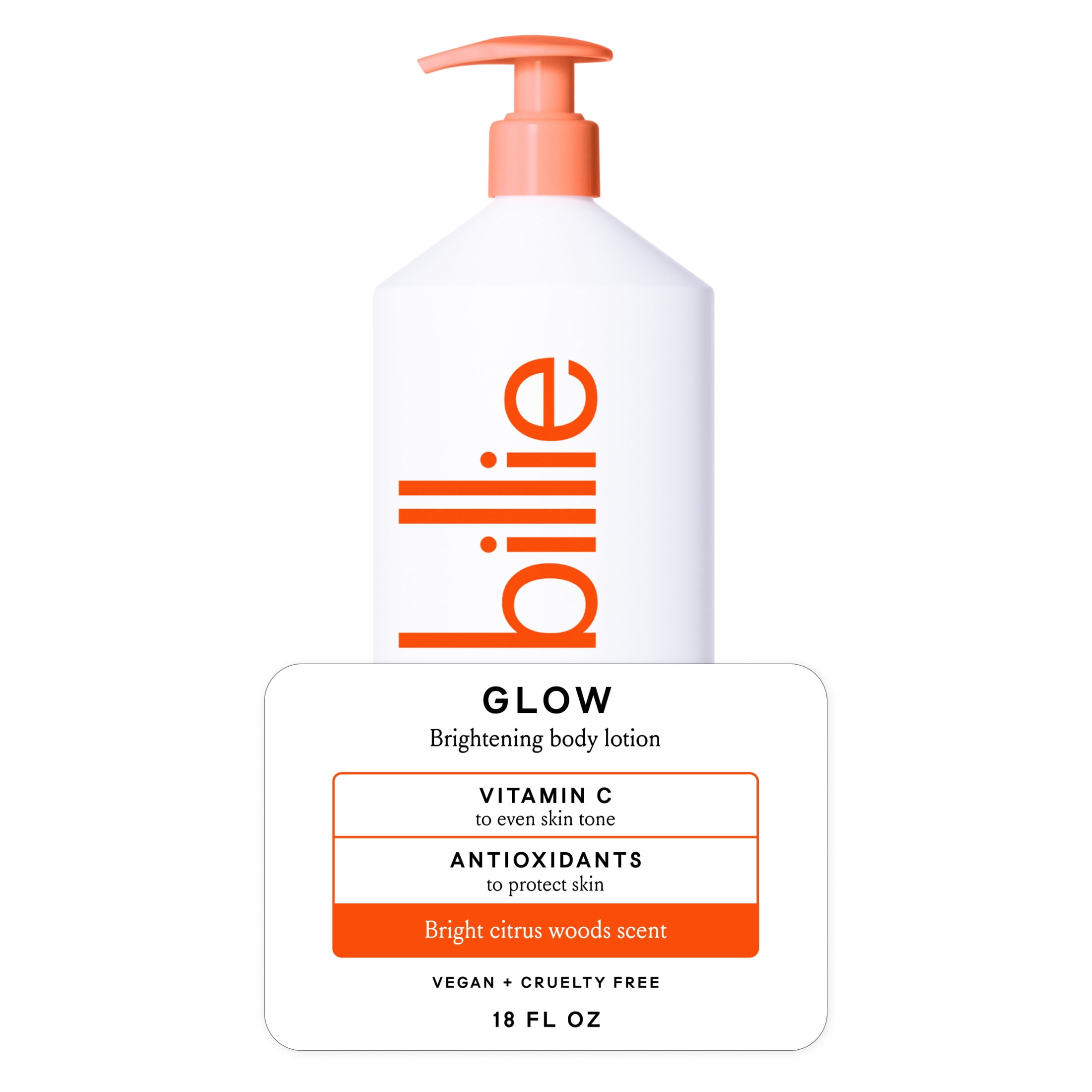 Billie Glow Brightening Women's Body Lotion, Citrus Woods Scent, With Vitamin C, 18 fl oz