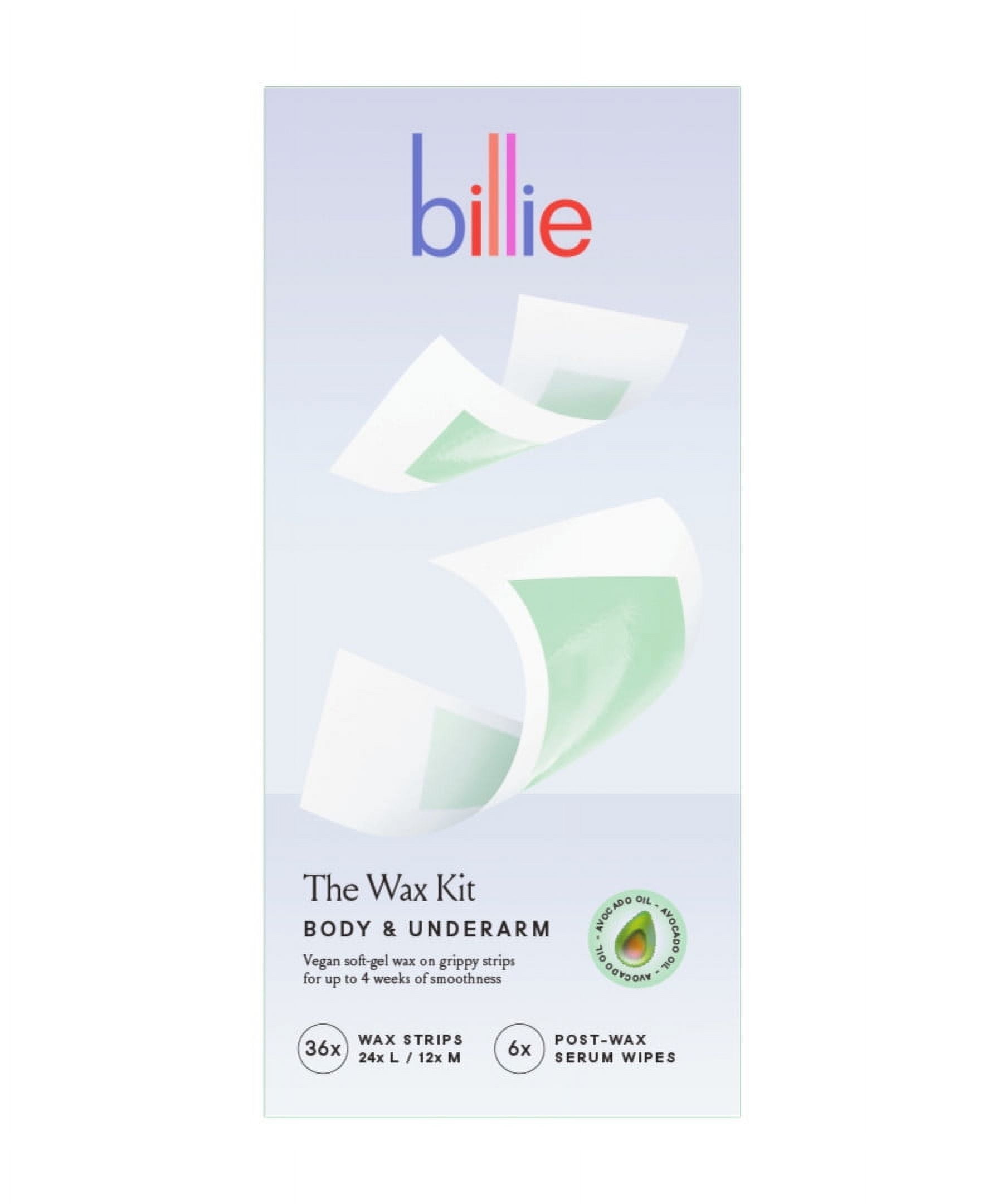 Billie Waxing Kit, Body & Underarm Hair Removal Wax Strips, 36 Wax Strips, 6 Post-Wax Serum Wipes