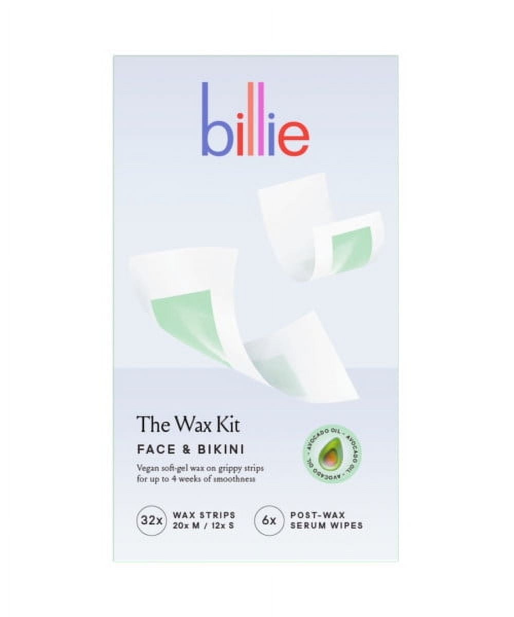 Billie Waxing Kit, Face & Bikini Hair Removal Wax Strips, 32 Wax Strips, 6 Post-Wax Serum Wipes