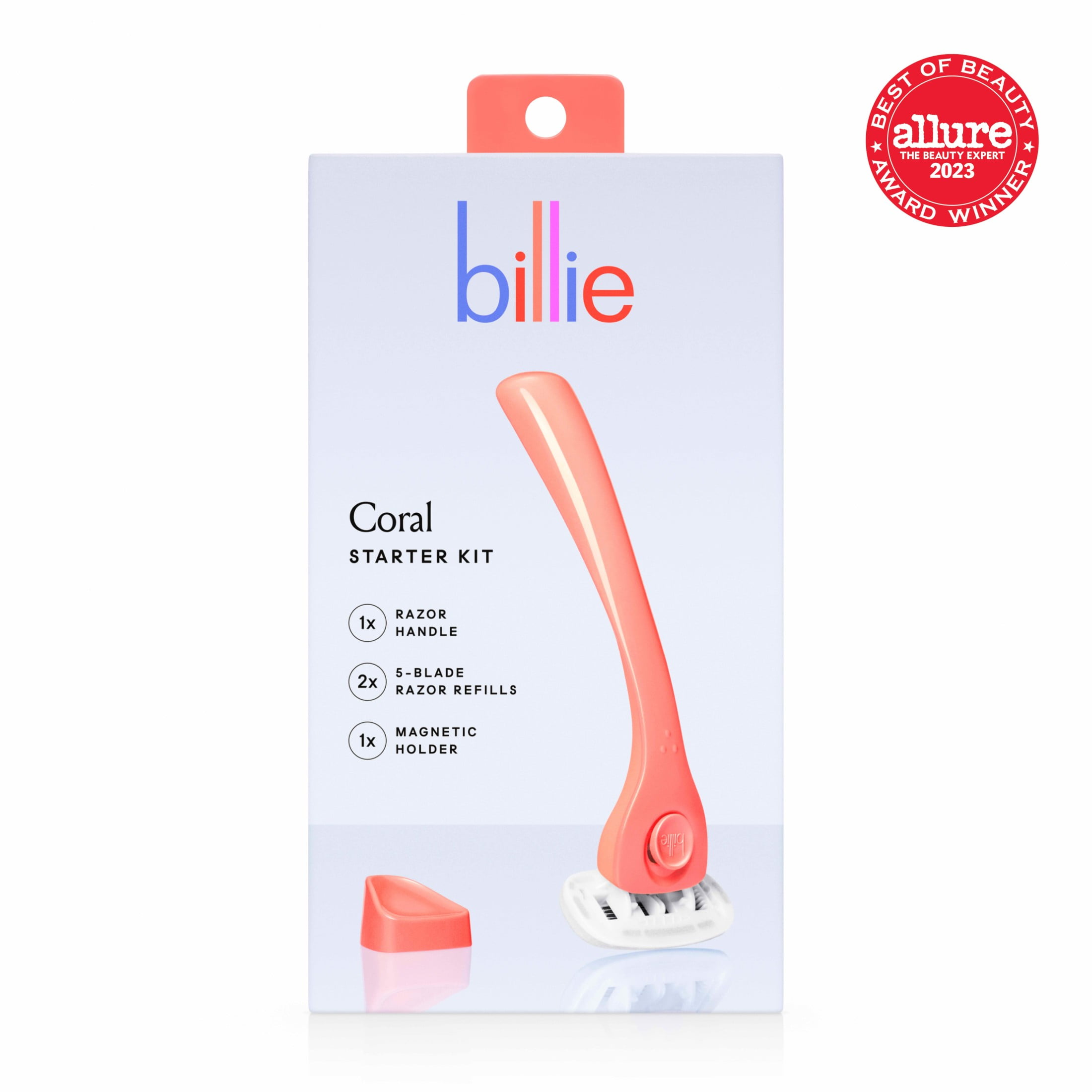 Billie Womens Razor Kit - 1 Handle + 2 Blade Refills + Magnetic Holder - Coral