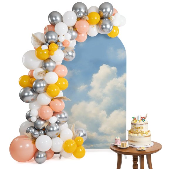 Billowing Clouds Boho Arch Backdrop Cover 4 Ft Modern Sky Blue Landscape Oil Painting Texture Spandex Fitted Stretchy Arch Cover, Round Top Chiara Backdrop Cover for Wedding Birthday