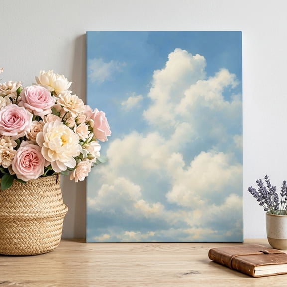Billowing Clouds Canvas Wall Art, Modern Sky Blue Landscape Oil Painting Texture Framed Canvas Wall Decor Picture Print Artwork Decorations for Living Room Office Ready to Hang 12" x 8"