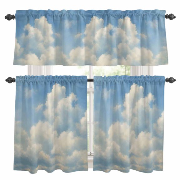 Billowing Clouds Kitchen Curtains and Valances Set, Modern Sky Blue Landscape Oil Painting Texture 3 Piece Curtains Valances and Tiers Set Rod Pocket for Kitchen Bathroom Windows 36 Inch