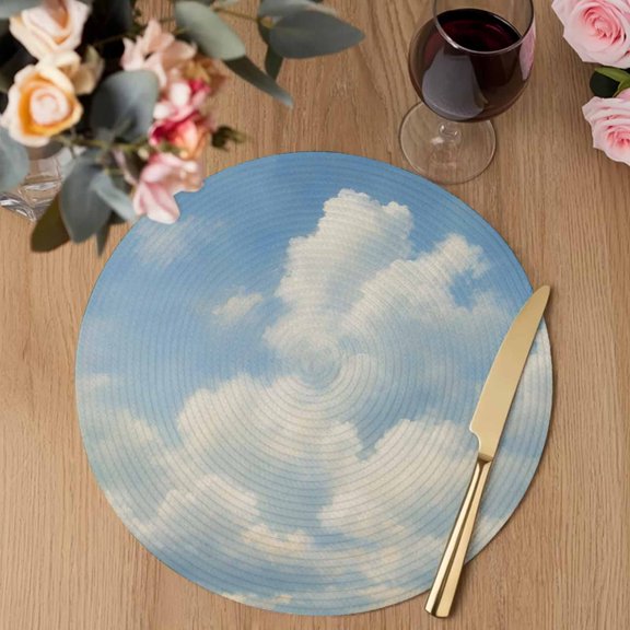 Billowing Clouds Round Braided Placemats Set of 2, Modern Sky Blue Landscape Oil Painting Texture Heat Insulation Place Mats Washable Non-Slip Table Mats for Kitchen Dining Party, 13 Inches