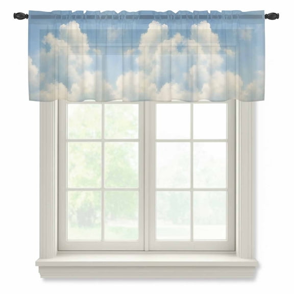 Billowing Clouds Sheer Valances for Windows, Modern Sky Blue Landscape Oil Painting Texture Semi Sheer Kitchen Valance Rod Pocket Small Voile Window Curtains for Living Room Bedroom 42 x 12 Inch