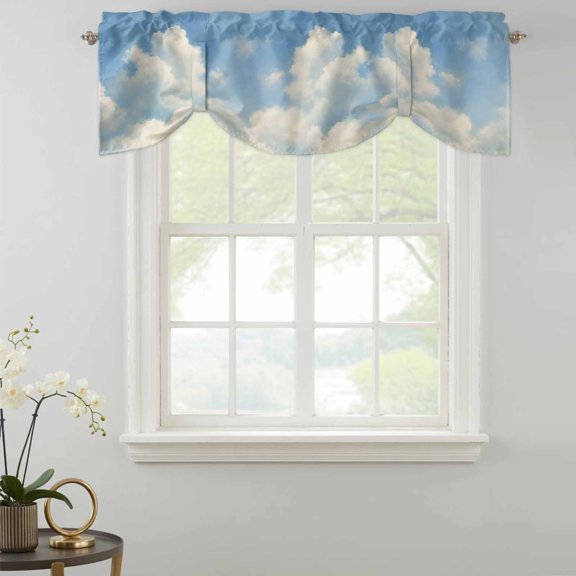 Billowing Clouds Tie Up Valances Curtain, Modern Sky Blue Landscape Oil Painting Texture Kitchen Valances for Windows Decor, Rod Pocket Short Curtains Set for Bedroom/Bathroom, 42"x12"