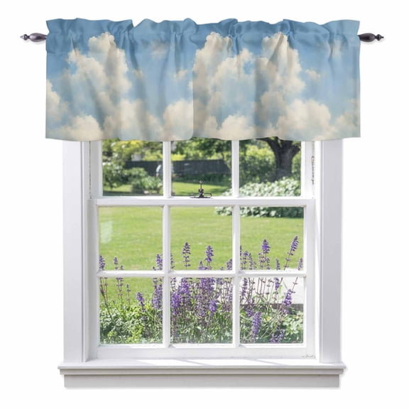 Billowing Clouds Valances for Windows, Modern Sky Blue Landscape Oil Painting Texture Valance Window Treatment Rod Pocket Short Curtains Valances for Kitchen Bathroom 42"W x 12"L